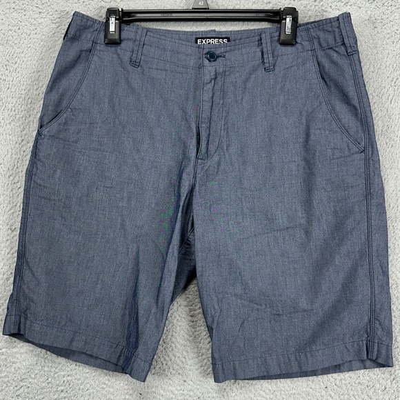 Express Mens Khakis Shorts 32 Navy Blue Flat Front Casual Pockets 100% Cotton